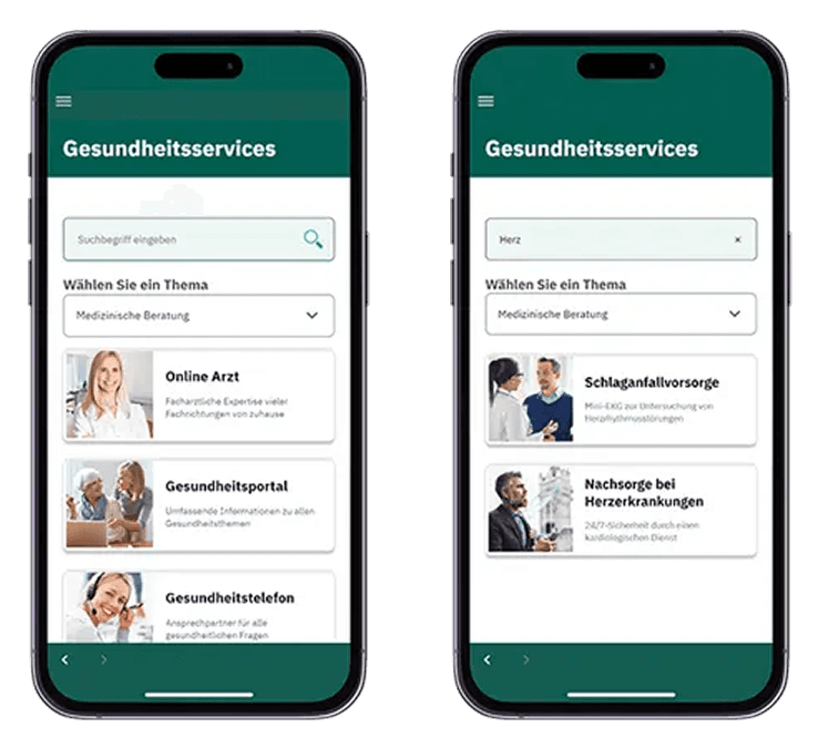 HanseMerkur ServiceApp health services interface showing medical consultations and wellness features