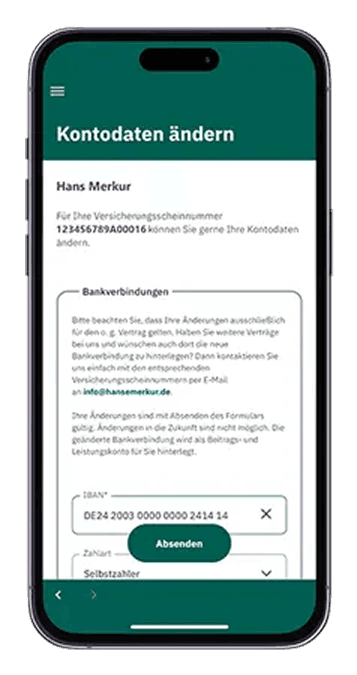 HanseMerkur ServiceApp banking information change interface for updating payment details