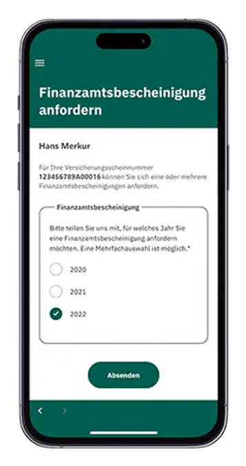 HanseMerkur ServiceApp tax office certificate request form for financial documentation