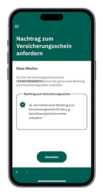 HanseMerkur ServiceApp insurance policy addendum request screen for policy modifications