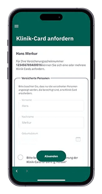 HanseMerkur ServiceApp clinic card request interface for ordering replacement medical cards