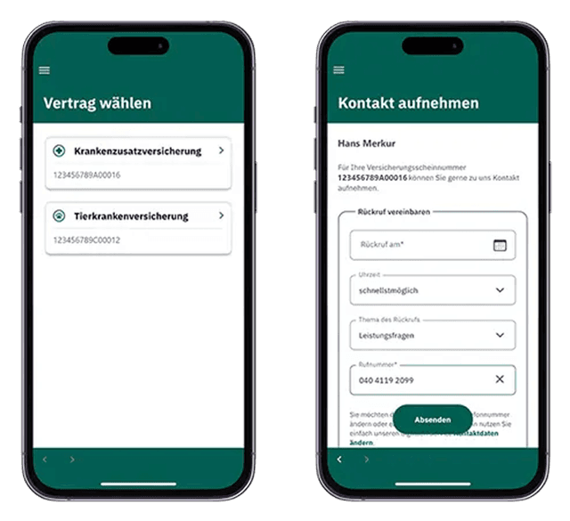HanseMerkur ServiceApp contact form showing communication options and customer service features