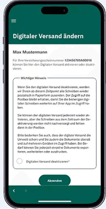HanseMerkur ServiceApp digital delivery settings for activating paperless document delivery