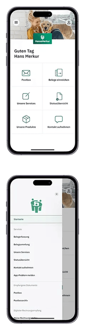 HanseMerkur ServiceApp mobile interface displaying health insurance services and features