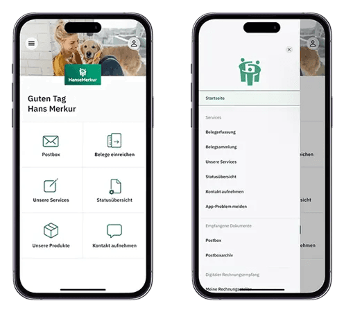 HanseMerkur ServiceApp main interface showing health insurance features and navigation menu
