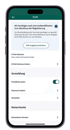 HanseMerkur ServiceApp user account management screen with deletion and profile options