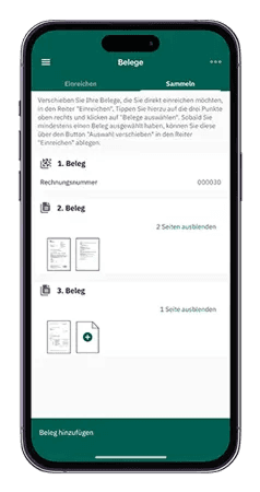 HanseMerkur ServiceApp receipt collection feature for organizing medical bills and documents