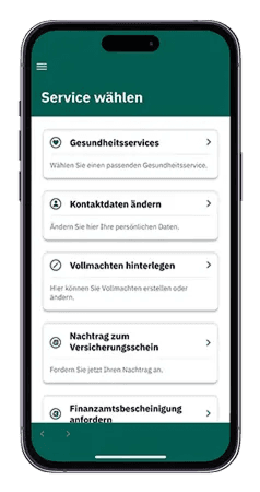 HanseMerkur ServiceApp personalized insurance services screen with customized health coverage options