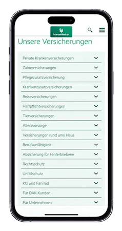 HanseMerkur ServiceApp product catalog showing available insurance products and services