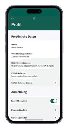 HanseMerkur ServiceApp security settings demonstrating data protection and privacy controls